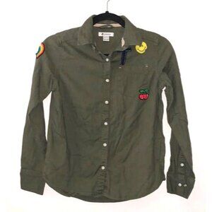 Tractr Olive Green Button-Down Shirt With Fun Patches Rainbow Smiley Face & Cher